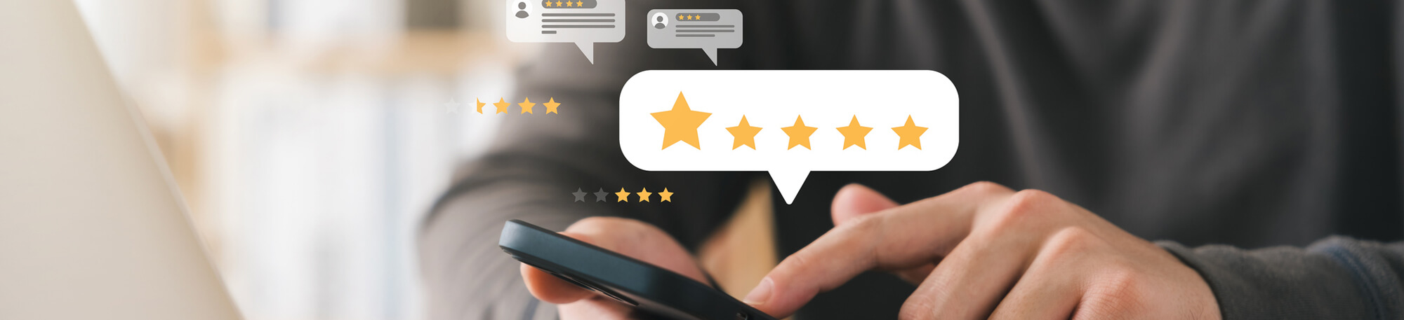 Family Care Health Centers Patient Satisfaction Survey Image of person completing electronic survey with 5 stars