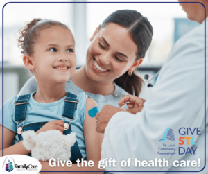Family Care Health Centers Give STL Day 2025 image of pediatric patient receiving an immunization from provider